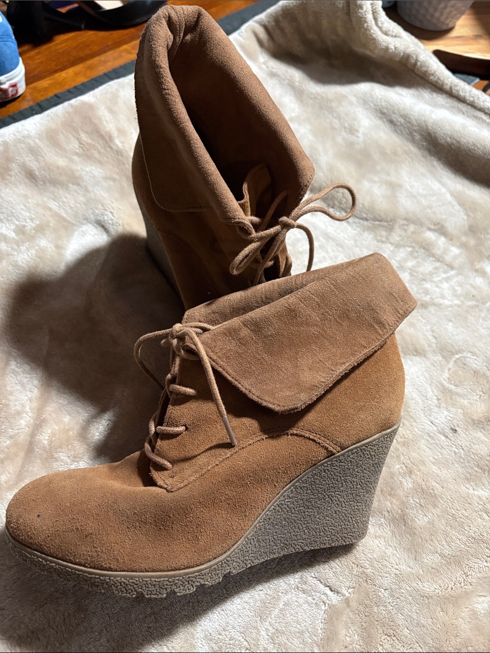 MIA Chaysee Tan Suede Lace-Up Fold-Over Wedge Ankle Booties - Size 8